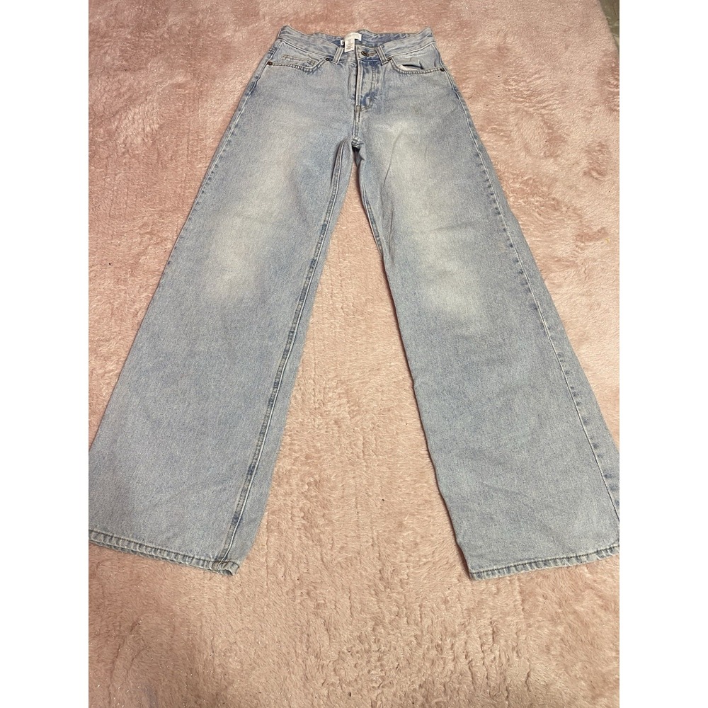 H&M Jeans Women 2 Blue Denim Wide Leg Mid Rise Zip Fly Cotton Blend Size 0 Bin11